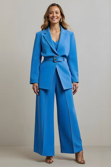 Blue Notched Lapel 2 Piece Women Formal Suits with Belt